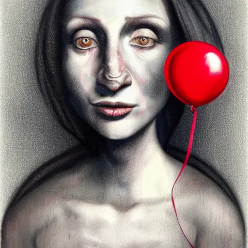 Prompt: surrealism grunge cartoon portrait sketch of raven with a wide smile and a red balloon by - michael karcz, loony toons style, mona lisa style, horror theme, detailed, elegant, intricate