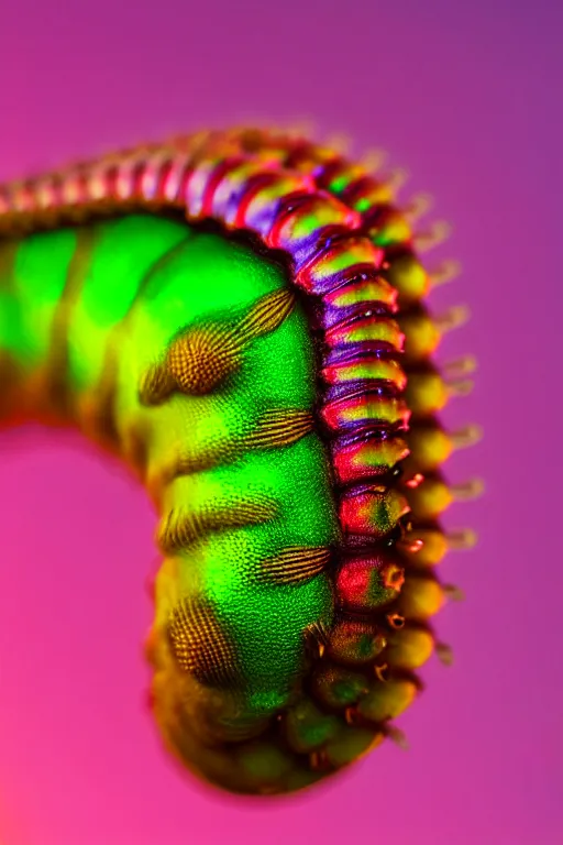 Image similar to high quality macro photo iridescent mutant caterpillar! cute highly detailed david ligare elson peter cinematic pink lighting high quality low angle hd 8k sharp shallow depth of field