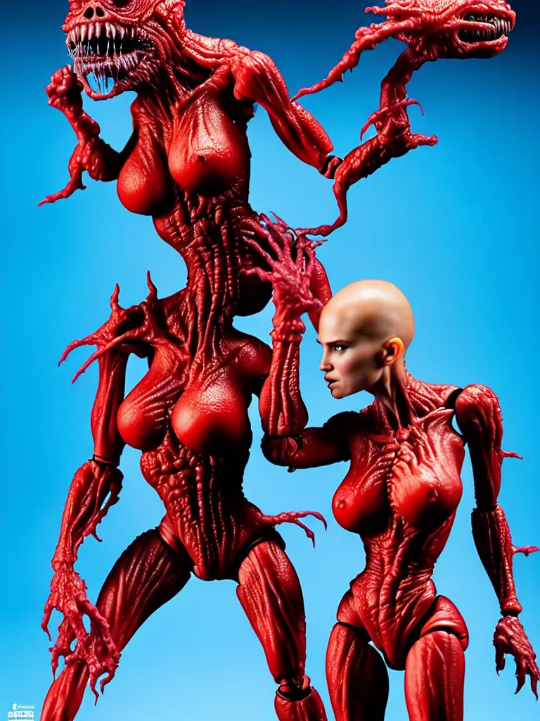 Image similar to hyperrealistic rendering, fat smooth john carpenter flesh monster natalie portman by bernie wrightson and killian eng and joe fenton, product photography, action figure, sofubi, studio lighting, colored gels, colored background