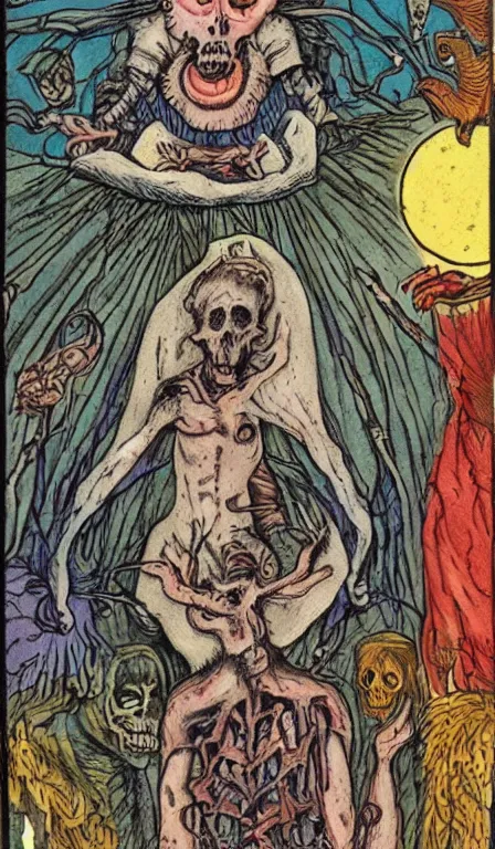 Image similar to full - color 1 5 0 0 s tarot - card illustrated in the style of clive barker depicting scenes of death and torment in the underworld. highly - detailed ; mystical ; horror.