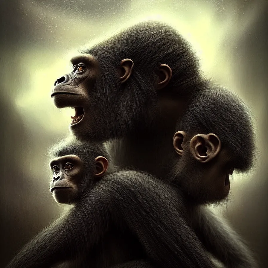 Image similar to epic professional digital art of 🐒🐒 atmospheric lighting, painted, intricate, detailed, foreboding, leesha hannigan, wayne haag, reyna rochin, ignacio fernandez rios, mark ryden, iris van herpen, best on artstation, cgsociety, wlop, pixiv, stunning, gorgeous, much wow, cinematic, masterpiece