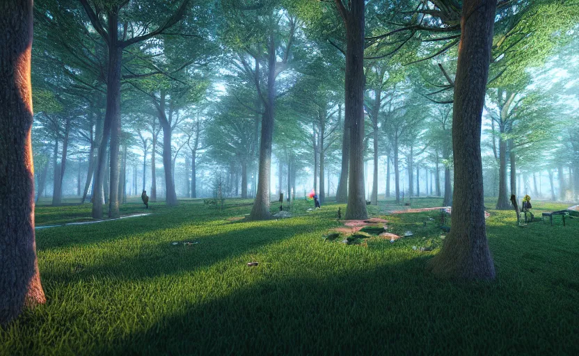 Image similar to forest city in the trees, highly detailed, 8 k, hdr, award - winning, octane render, artstation, volumetric lighting