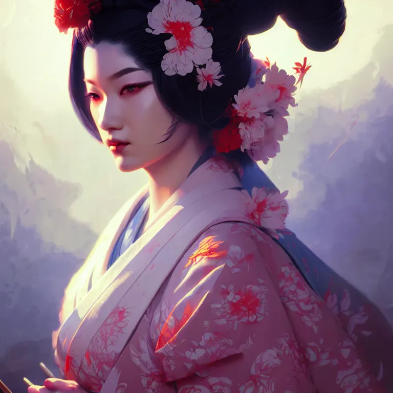 Image similar to pretty geisha, d & d digital painting, ultra realistic, beautiful, volumetric lighting, cell shading, by james jean, greg rutkowski, wlop