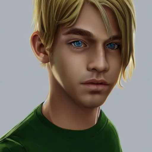 Prompt: blonde shoulder-length haired boy, green eyes, portrait, artstation, highly detailed, by Ross tram