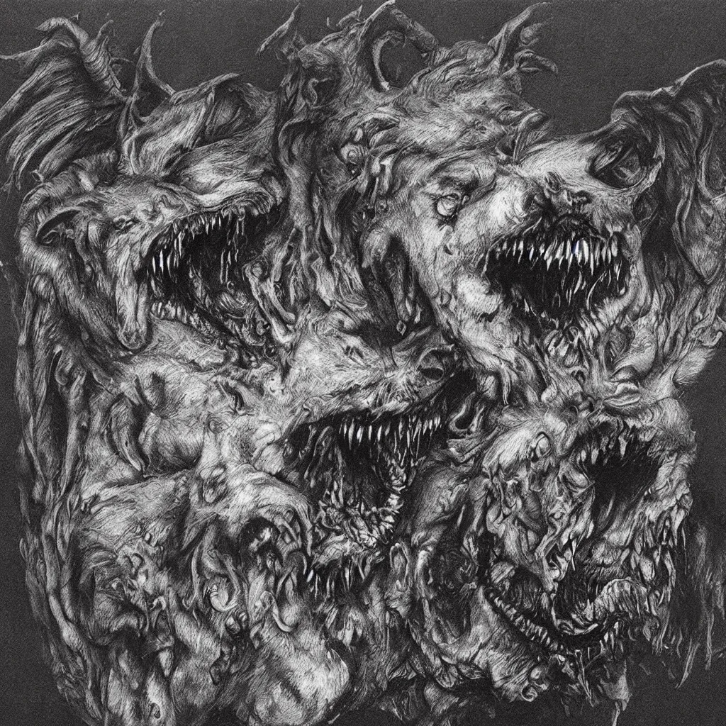 Image similar to horrifying and demonic dog with fangs, in the style of zdislaw beksinski