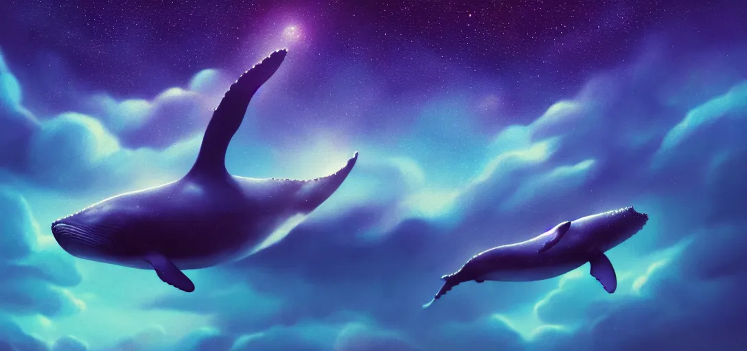 Prompt: a wide angle shot of a lonely whale flying in the sky, sea underneath, cosmic starry sky, concept art, trending on artstation, purple theme atmospheric lighting, painted, intricate, detailed, impressive, leesha hannigan