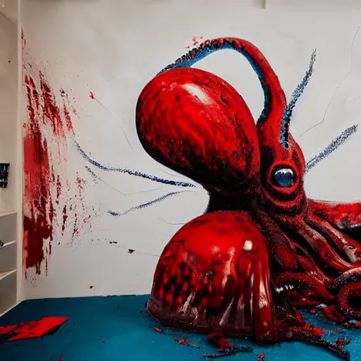 Image similar to a clean studio photography set, there is a bucket of red paint and it has just viciously exploded, there is paint EVERYWHERE, even on the giant octopus