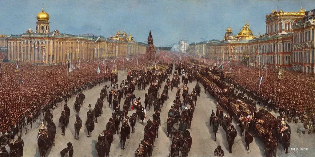 Prompt: Tzar parade in 1914 in summer, Saint Petersburg, morning, trending on Artstation