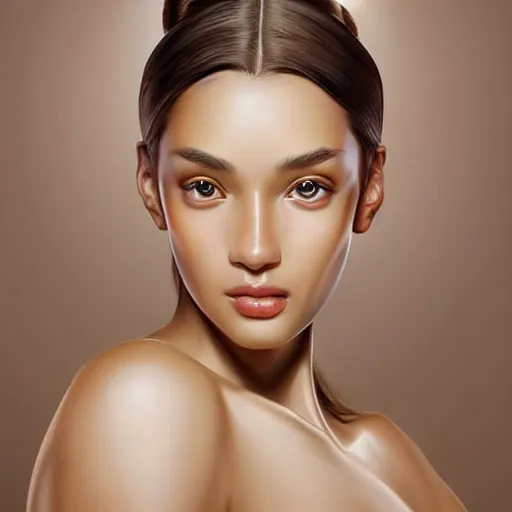 Prompt: a graceful Goddess, The Perfect Human Female Specimen, intricate, super highly detailed, professional digital painting, artstation, smooth, sharp focus, no blur, no dof, extreme illustration, 128K, art by artgerm, perfect natural skin tones, facing and looking at the viewer, seductive smile, the eyes are beautiful and symmetrical by JOSÉ VERGARA
