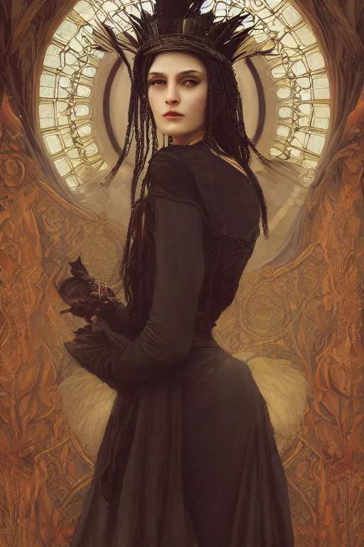 Prompt: a portrait of the Raven Queen, bored, illustration, dramatic lighting, soft details, painting oil on canvas, art nouveau, octane render, HDR, 4k, 8k, HD, by Edmund Blair Leighton, Brom, Charlie Bowater, trending on artstation, faces by Tom Bagshaw, Sargent