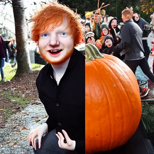 Image similar to photo of ed sheeran stuck inside a pumpkin, yelling for help