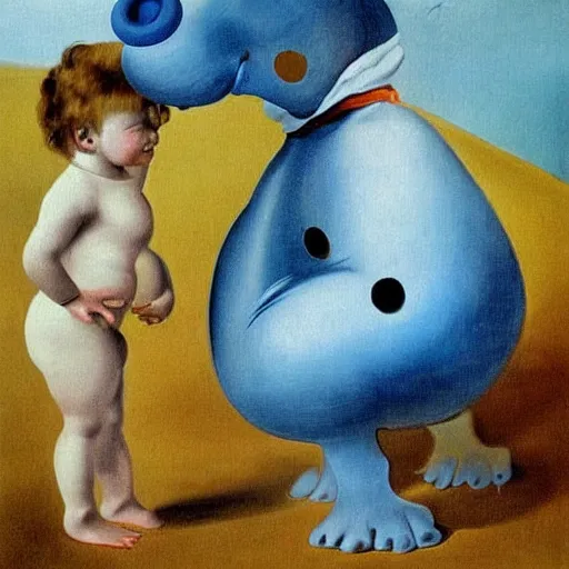 Image similar to A 2 year old girl playing with blue piglet, blond hair. Painting by Salvador Dali