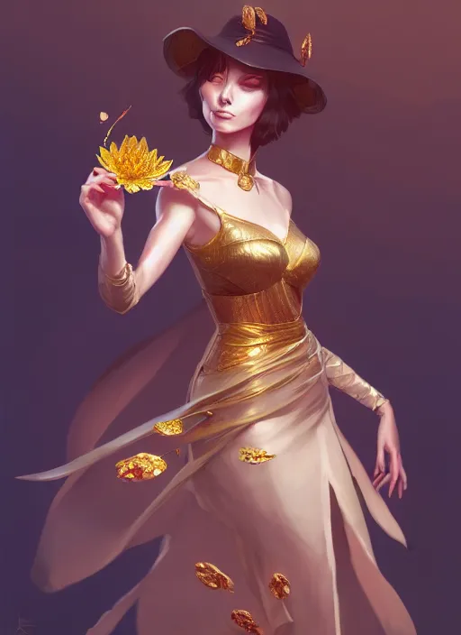 Prompt: female magician, wide angle view, lotus, flowers, gold, diamonds, highly detailed, artgerm, cushart krenz, artstation, soft light, sharp focus, illustration, character design, concept art