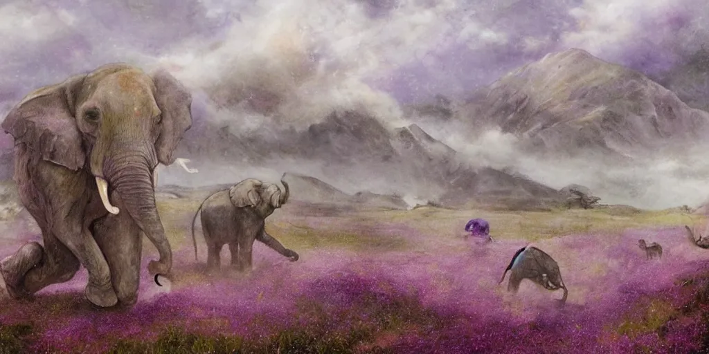 Image similar to purple coloured elephant running, raining, mountain, behind meadow, menacing, illustration, detailed, smooth, soft, cold, by Adolf Lachman, Shaun Tan, Surrealism