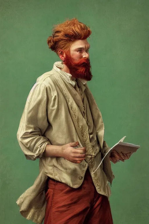 Image similar to intricate beautiful medium - shot, the card player man with short reddish beard, blonde reddish hair, in green clothes of 1 7 th century, matte painting, renaissance painting, by paul sezanne by leyendecker, by artgerm, rutkowskyi