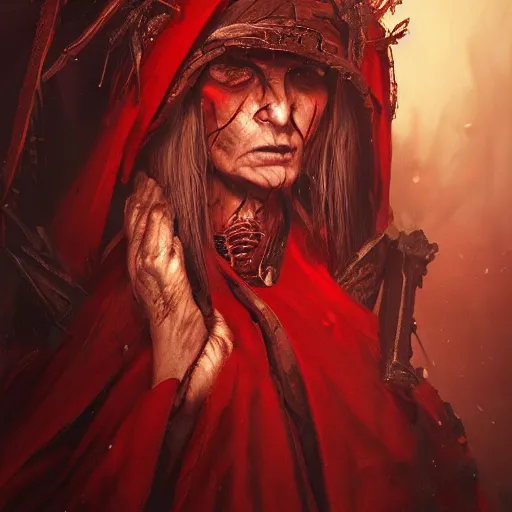 Prompt: a beautiful portrait of an ancient elderly necromancer queen, embers, skeletal, red-fabric, red-eyes, (((smoke))), by Greg Rutkowski and Raymond Swanland, Trending on Artstation, ultra realistic digital art