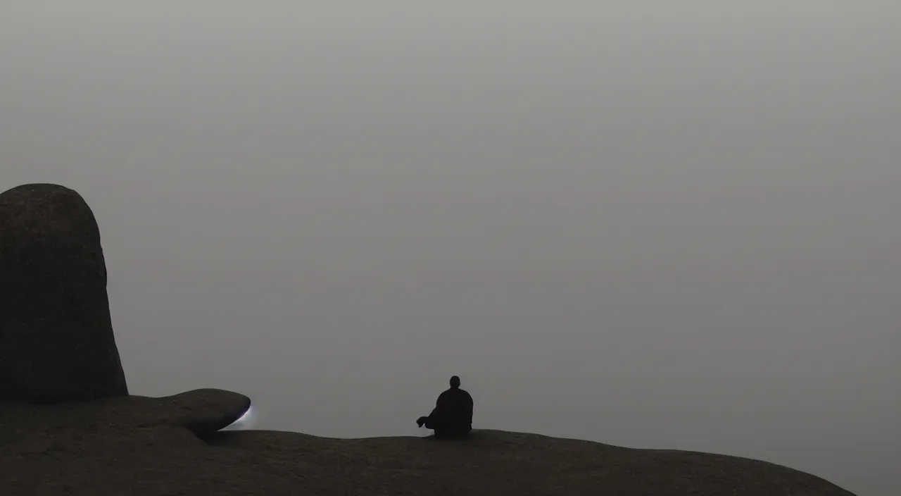 Image similar to a lonely silhouette of a meditating monk sitting in the fog on a stone protruding from the water in the rays of the morning sun, the focus of the camera on the monk, matthew snowden style.