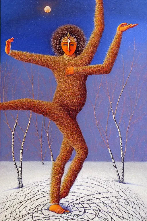 Prompt: ivan marchuk style nataraja dancing in a winter birch grove and raising snow clouds during a solar eclipse, original oil on canvas painting by william sydney mount