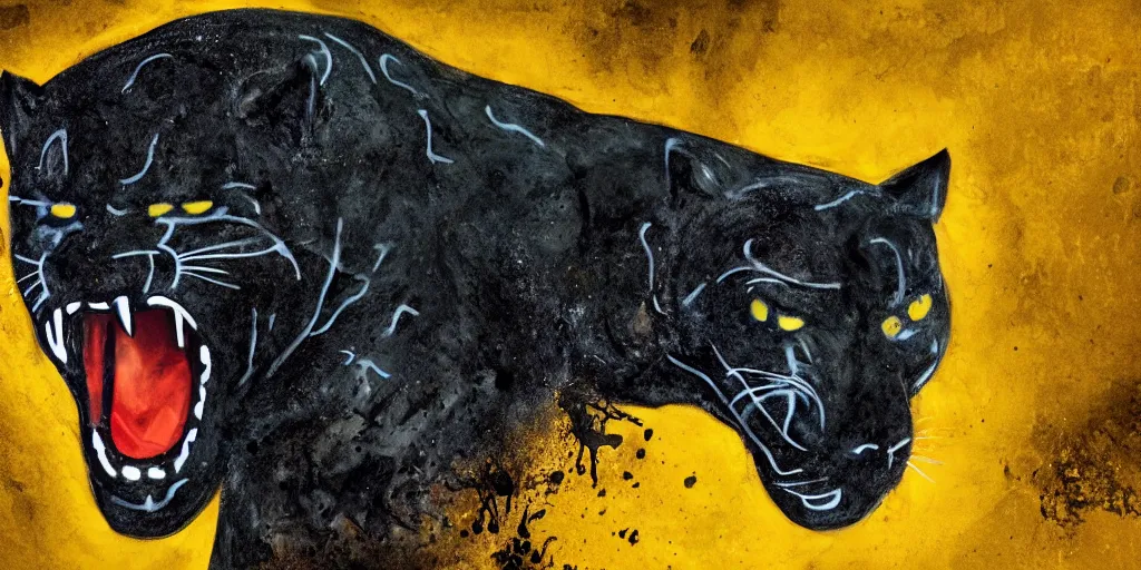 Prompt: a panther, made of tar, in a suburban backyard, dripping tar. concept art, reflections, black goo, animal drawing