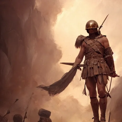 Image similar to a dramatic epic ethereal portrait of a Roman Wars soldier, full body with dynamic pose, male, detailed face, cinematic lighting, highly detailed oil on canvas painting by Greg Rutkowski, winning-award digital art trending on Artstation H 1024 W 832