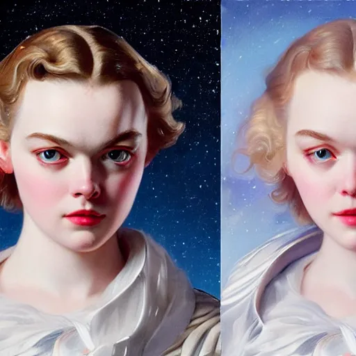 Prompt: leyendecker and peter paul rubens, head and shoulders portrait of a elle fanning, nighttime, dream boat, starry sky, unreal engine, fantasy art by global illumination, radiant light, detailed and intricate environment