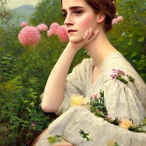 Image similar to sleeping thick paint brush strokes full body fashion model emma watson by Jeremy Lipking by Hasui Kawase by Richard Schmid (((smokey eyes makeup eye shadow fantasy, glow, shimmer as victorian woman in a long white frilly lace dress and a large white hat having tea in a sunroom filled with flowers, roses and lush fern flowers ,intricate, night, highly detailed, dramatic lighting))) , high quality