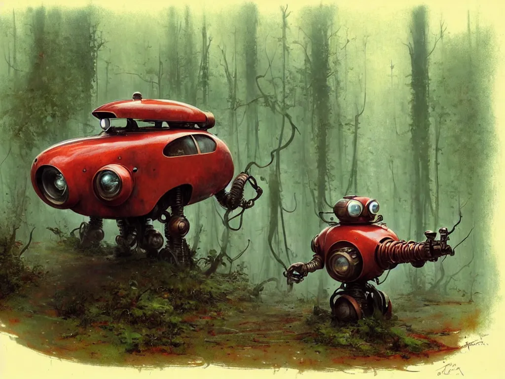 Prompt: adventurer ( ( ( ( ( 1 9 5 0 s retro future robot vehical in the forrest. muted colors. swamps ) ) ) ) ) by jean baptiste monge!!!!!!!!!!!!!!!!!!!!!!!!! chrome red