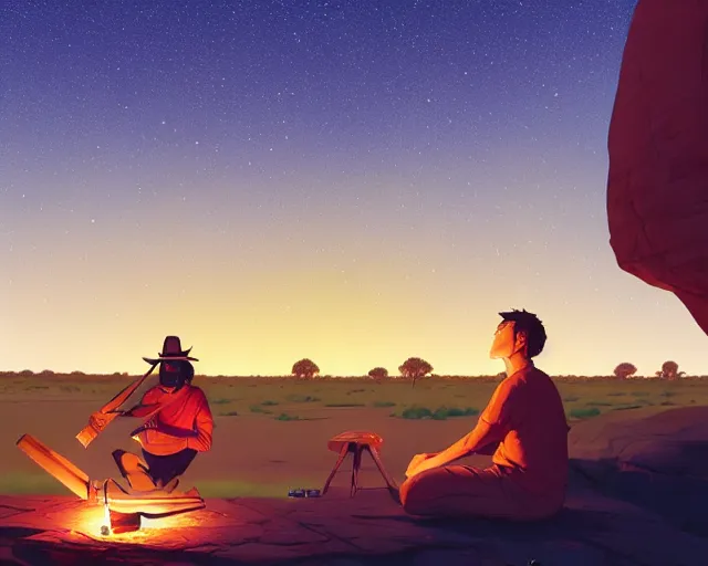 Image similar to man sitting at uluru playing medicine drum at campfire under cosmic night sky, behance hd by jesper ejsing, by rhads, makoto shinkai and lois van baarle, ilya kuvshinov, rossdraws global illumination radiating a glowing aura global illumination ray tracing hdr render in unreal engine 5