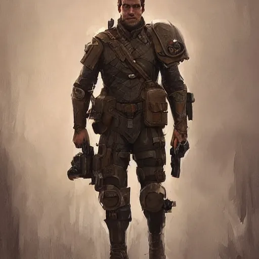 Image similar to portrait of a man by greg rutkowski, he looks like henry cavill, he is wearing a dieselpunk tactical armor gear, highly detailed portrait, digital painting, artstation, concept art, smooth, sharp foccus ilustration, artstation hq