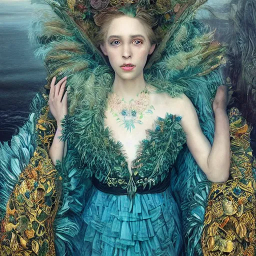 Prompt: real photoshoot queen of oceans, wearing a full feathered cloak and a fancy 🍁🍂 silk floral dress, ornate, ultra realistic, concept art, intricate details, eerie, highly detailed, photorealistic, octane render, 8 k, unreal engine. art by artgerm and greg rutkowski and charlie bowater and magali villeneuve and gustav klimt