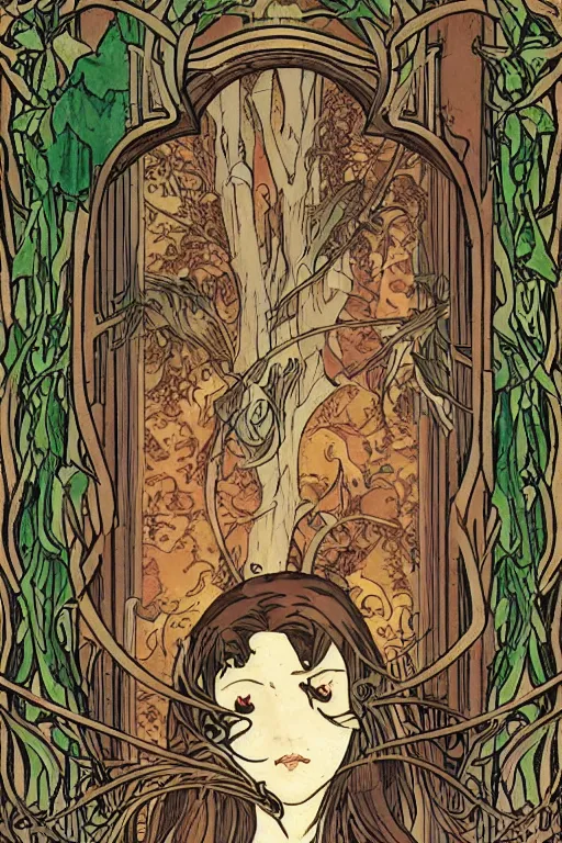 Image similar to haunted, mysterious magical item rarer treasure chest deep in the woods, art nouveau, by clamp
