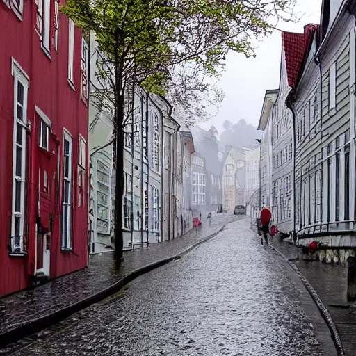 Prompt: picture of a street in bergen, norway, raining, spring