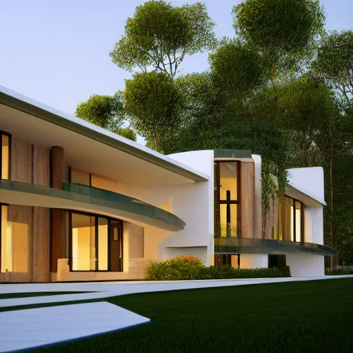 Image similar to render of a beautiful modern home designed for cozy aesthetics!, curvy natural contours, energy efficiency and maximizing plants and greenery, cg render, golden light, high resolution, professional