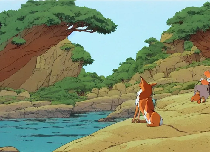 Image similar to bathed in sun, pleasing appealing smooth flat rocky environment sunningrocks by the river's shore, forest clearing, still placid environment matte painting from studio ghibli and the fox and the hound ( 1 9 8 1 )