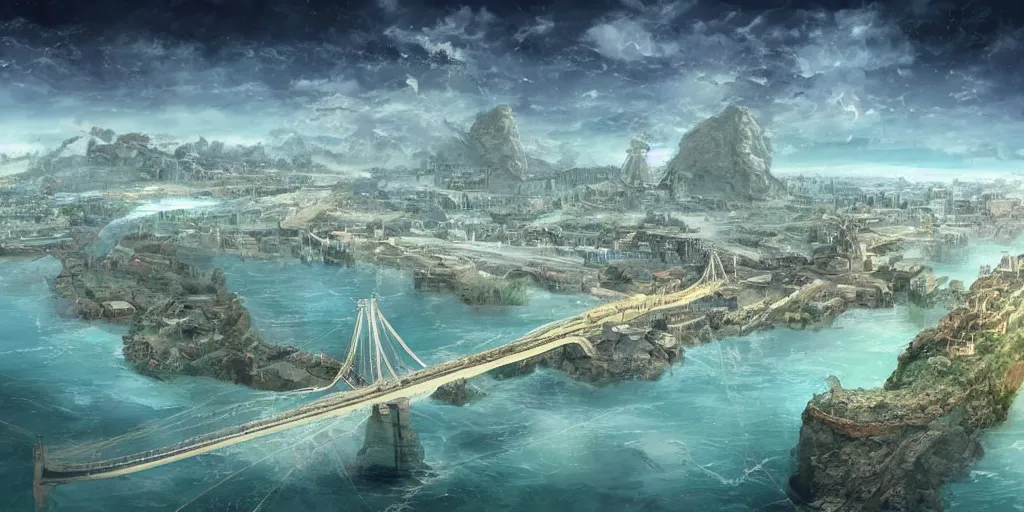 Image similar to illustration, concept illustration, a single giant ancient city on a single bridge, giant continent bridge build over the ocean in a straight line that developed into a grand city, fading into the distance