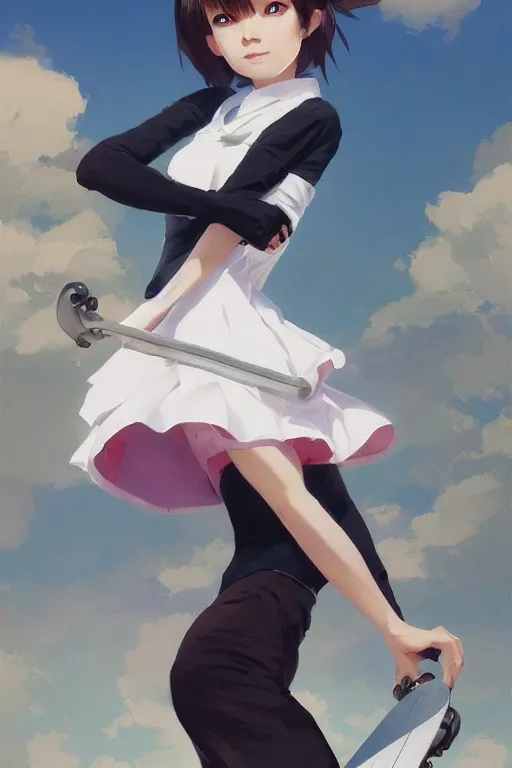 Prompt: A ultradetailed beautiful panting of a stylish woman in a maid outfit skateboarding, Oil painting, by Ilya Kuvshinov, Greg Rutkowski and Makoto Shinkai