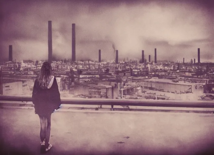 Image similar to mysterious sad girl wrapped in smoke observing a big industrial city metropoli in the distance, cloudy sky, polaroid artistic photo