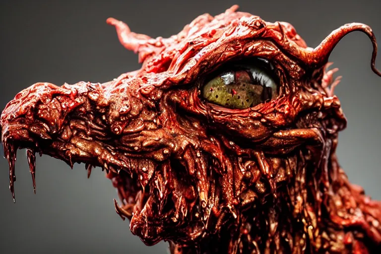 Image similar to photo taken of an epic intricate, ultra detailed, super realistic sculpture of a wet bloodied slimy nightmarish hellish demonic doglike creature on display in a workshop, created by weta workshop, full body shots, photorealistic, sharp focus, f 0. 4, face centred, macro photography, golden ratio,