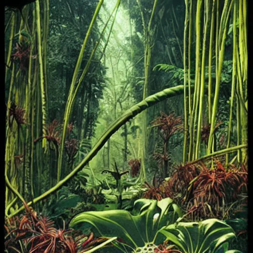 Prompt: A forest of giant man-eating carnivorous plants in the jungles of Venus. Pulp sci-fi.