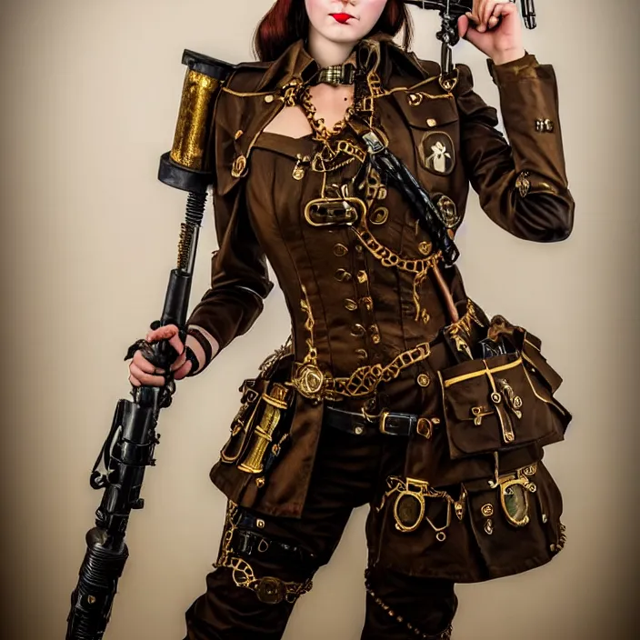 Image similar to full length portrait photograph of a real-life beautiful woman steampunk soldier. Extremely detailed. 8k