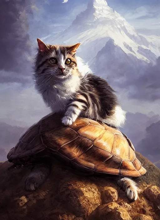 Image similar to Portrait of scruffy haired cat on a tall mountain sitting on a turtle, realistic, detailed, 4k by Greg Rutkowski Mark Arian trending on artstation