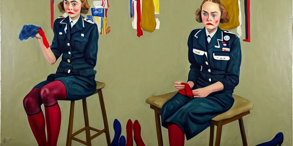 Image similar to oil painting of annasophia robb in a WWII uniform putting on stockings, teaching you a lesson in a void room full of etwined arms, existential horror painted by Alice Neel,