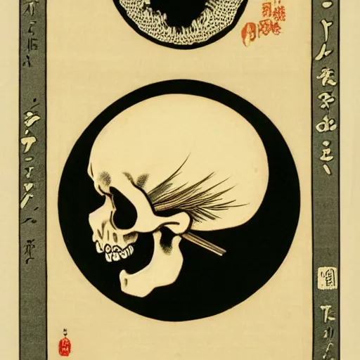 Prompt: a circular stamp of the right side of an anatomically correct skull, ukiyo - e, bas relief, fine detail