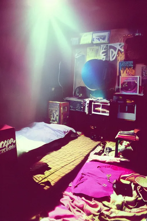 Image similar to agfa vista 4 0 0 photograph of a cluttered 9 0 s teenagers goth punk rock bedroom, synth vibe, vaporwave colors, lens flare, moody lighting, moody vibe, telephoto, 9 0 s vibe, blurry background, grain, tranquil, calm, faded!,