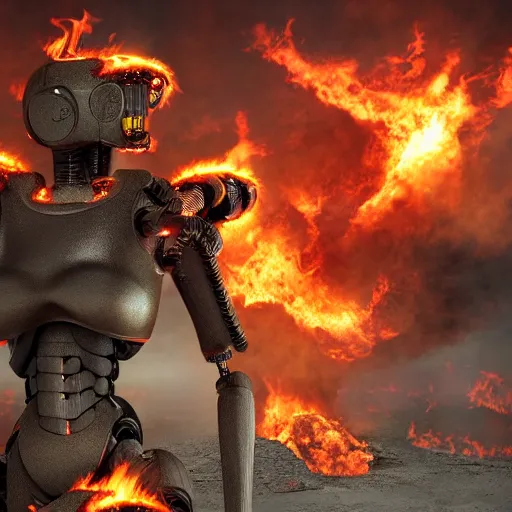 Prompt: futuristic hellscape, burning fire, robots, 8k, fine detail, hyper realistic, photo