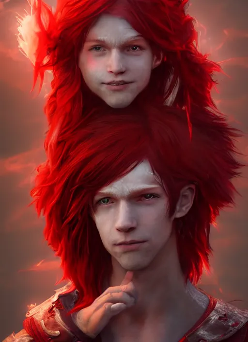 Prompt: An epic fantasy comic book style portrait painting of a young fairy boy with red wings, pointy red hair, white glowing eyes, smiling, red long hair red coat. Unreal 5, DAZ, hyperrealistic, octane render, cosplay, RPG portrait, dynamic lighting