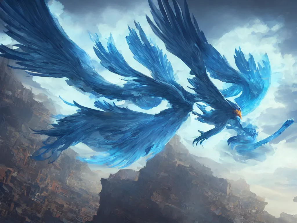 Image similar to a blue phoenix flying over McDonalds, digital painting, trending on artstation, deviantart, 8k, epic composition, intrinsic details, perfect coherence