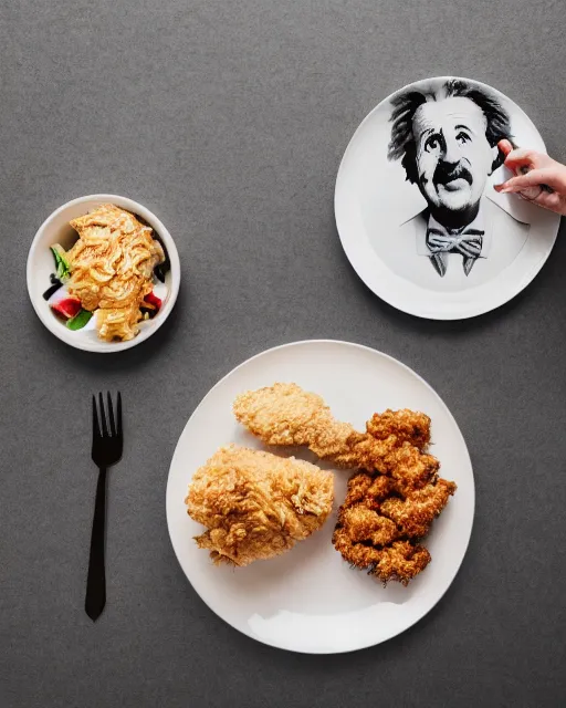 Prompt: a portrait of albert einstein sitting at the dining table with a plate containing kfc chicken in front of him, highly detailed, trending on artstation, bokeh, 9 0 mm, f / 1. 4