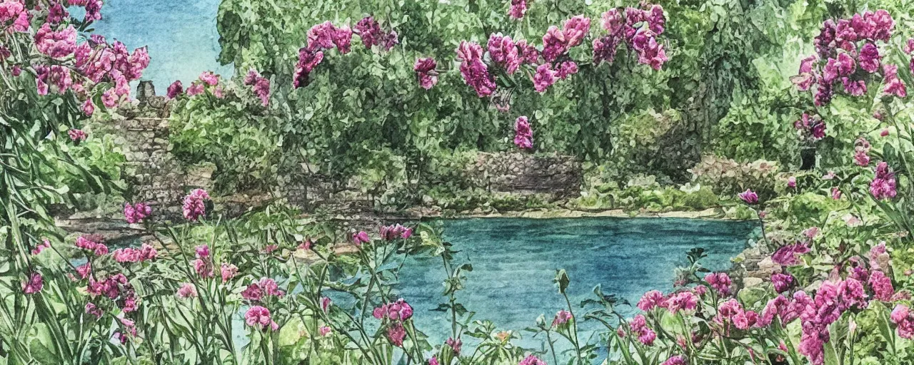 Prompt: isomeric view, delicate lake in a botanic garden, stony road, on a botanical herbarium paper, watercolor colored painting, iridescent colors, 8 k, realistic shaded, fine details, artstation, italian style, colonnade, vines, flowers, gardena architecture, pompeii