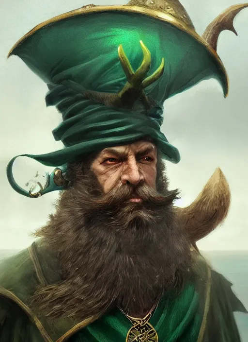 Image similar to ratlike human with beard, serious, mean eyes, wearing jewelry, tricorne hat, green robe, d & d, digital art, detailed face, highly detailed, trending on artstation, 4 k, sea in the background, art by greg rutkowski